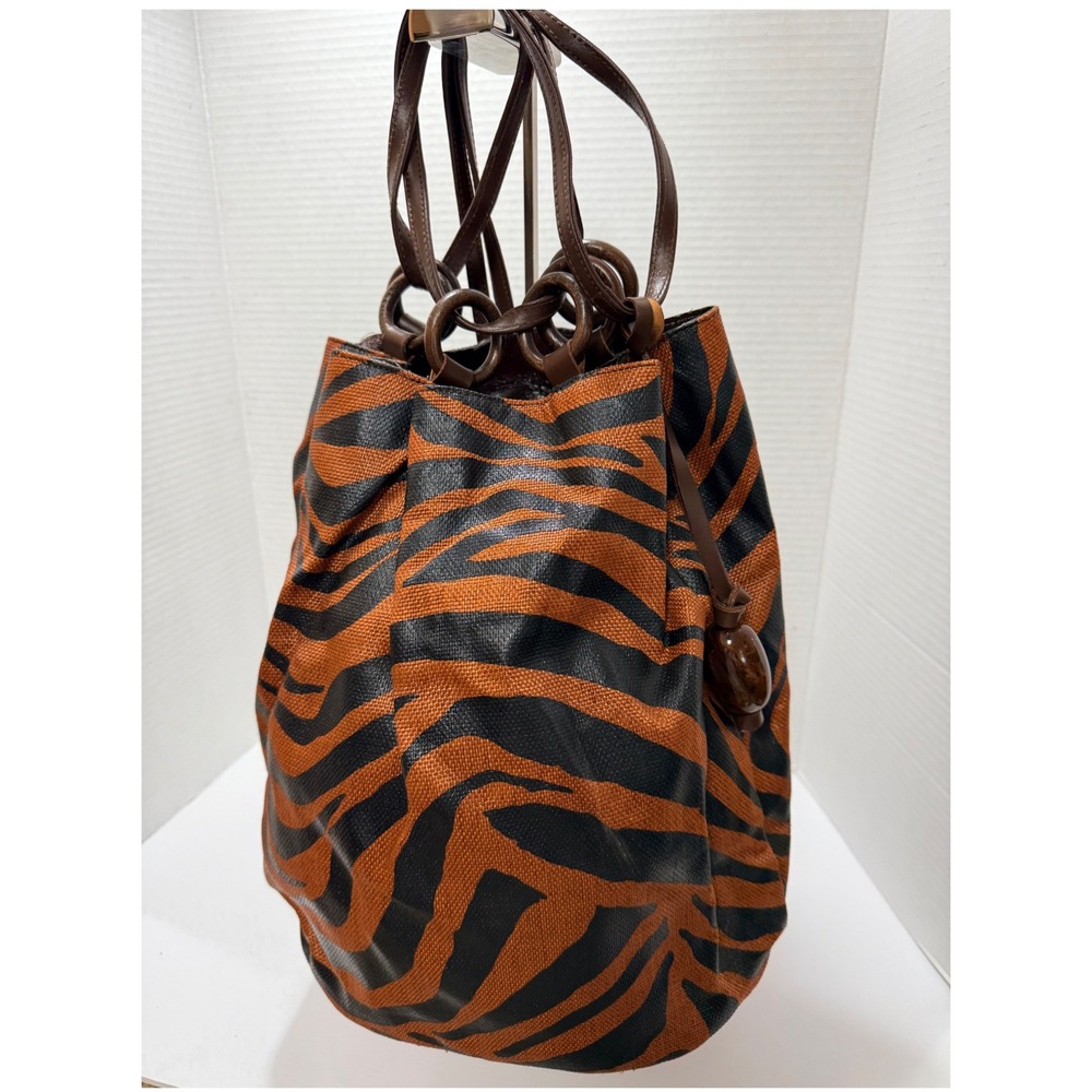 Alfredo Picchi Bucket Bag Zebra Woven Leather Trim Boho Y2K Safari Quiet Luxury